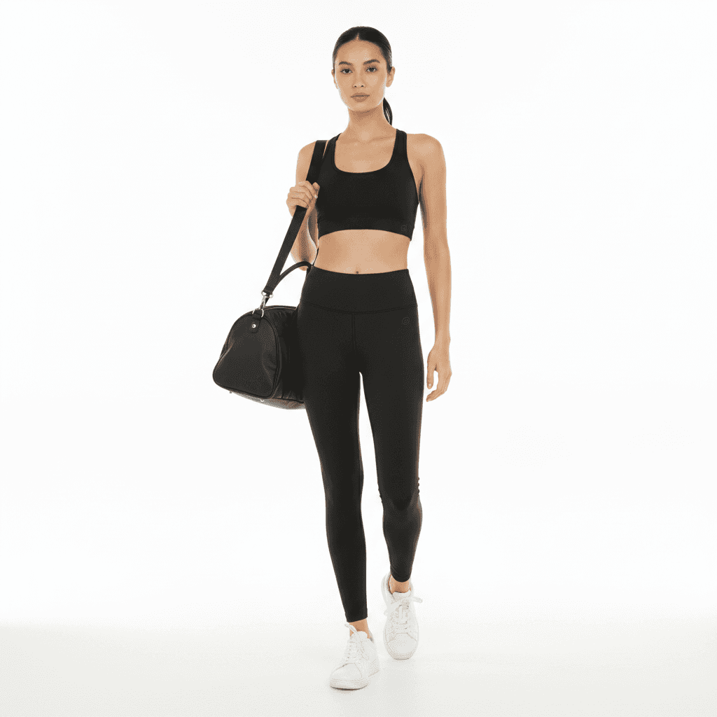 Woman wearing a black matching sports set — crop top and high-waist leggings — with white sneakers and a gym bag