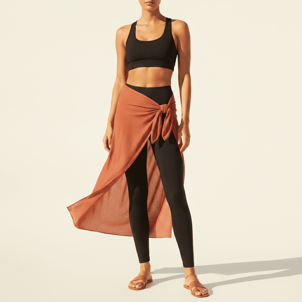 Woman wearing a black sports set with a terracotta pareo tied at the hip bone, falling open at the thigh, with flat tan sandals and a gold anklet