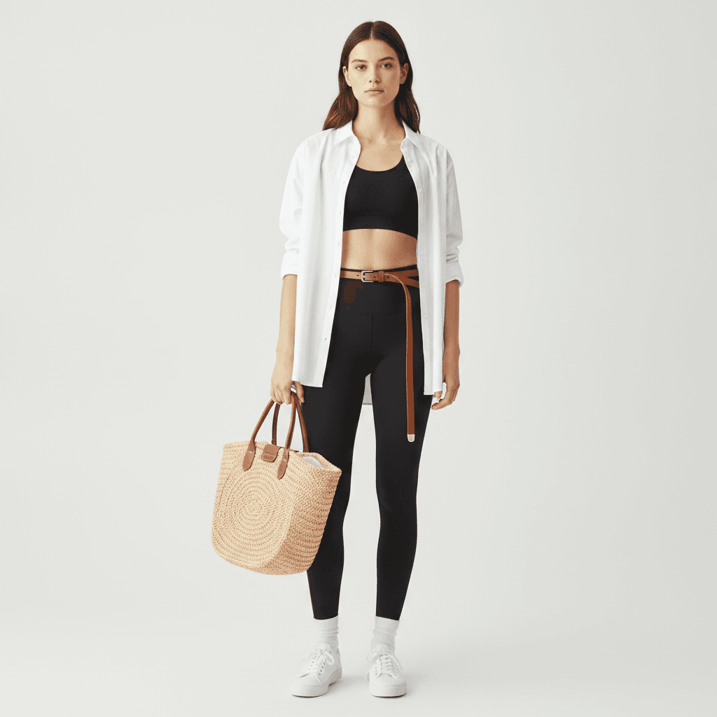 Woman wearing a black sports set under an oversized men's white Oxford shirt worn fully open as a duster layer, with a cognac belt looped through the shirt and loafers