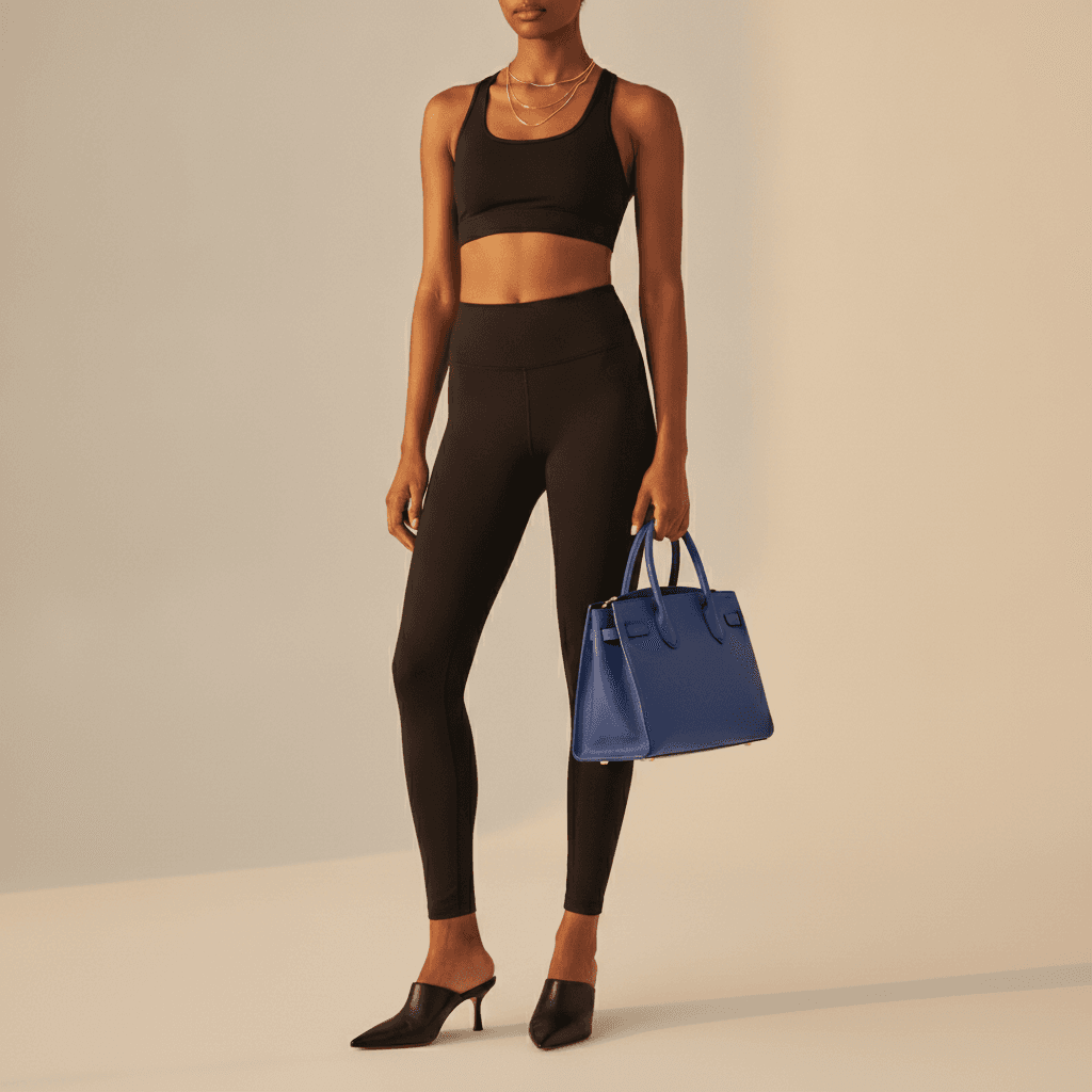 Woman wearing a black sports set with no jacket or layer, paired only with a bold cobalt structured top-handle bag, black kitten heel mules, and layered gold chain necklaces