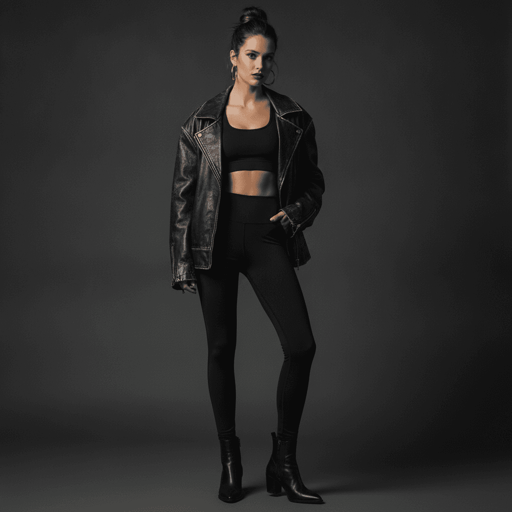 Woman wearing a black sports set under an oversized black leather jacket, with black ankle boots and gold hoops