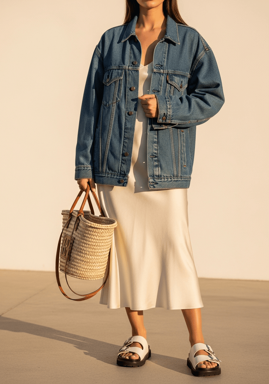 Woman wearing a cream satin slip dress with a denim jacket draped over both shoulders, white sneakers, small crossbody bag