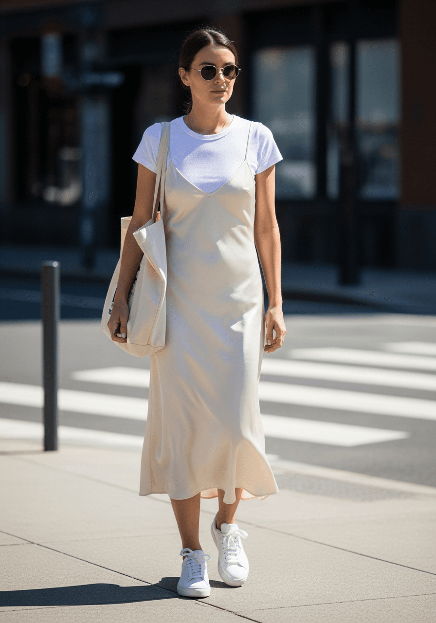 Woman wearing a white fitted t-shirt underneath a cream satin slip dress, white sneakers, canvas tote