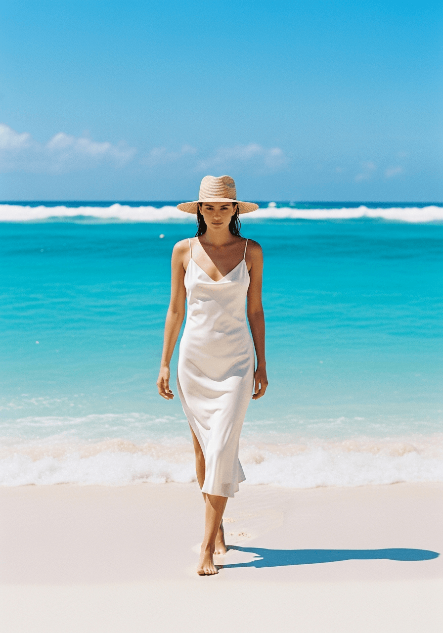 Woman wearing a cream satin slip dress as a beach cover-up over a swimsuit, flat leather slides, wide-brim straw hat, large woven beach bag, ocean in the background