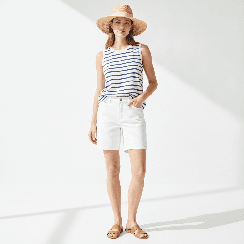 Woman wearing white denim shorts with a blue and white striped linen tank top, flat tan sandals, and a wide-brim straw hat