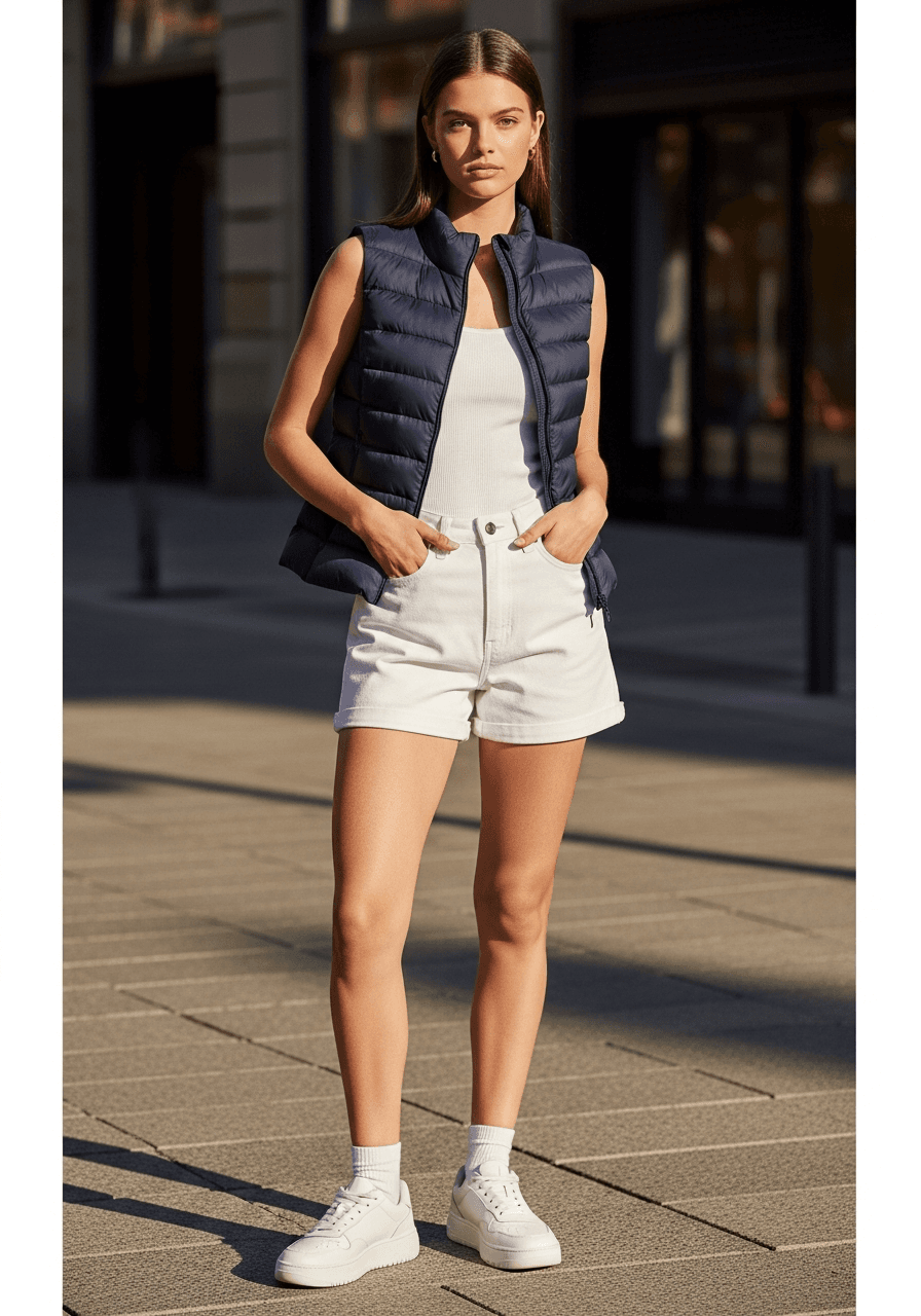 Woman wearing white denim shorts with a slim navy quilted puffer vest over a white ribbed tank top and white chunky sneakers