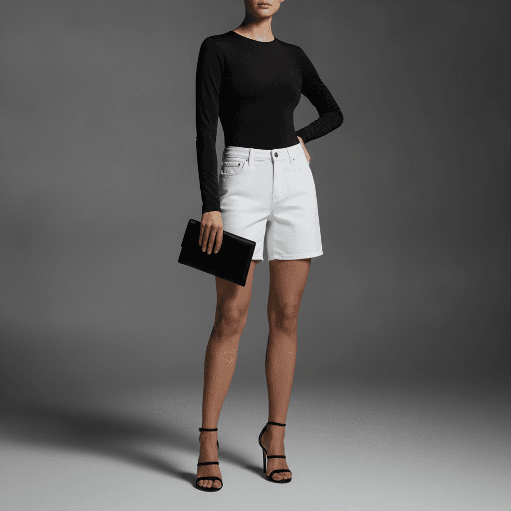 Woman wearing white denim shorts with a fitted black bodysuit, heeled black strappy sandals, and a small black satin clutch for a night-out look
