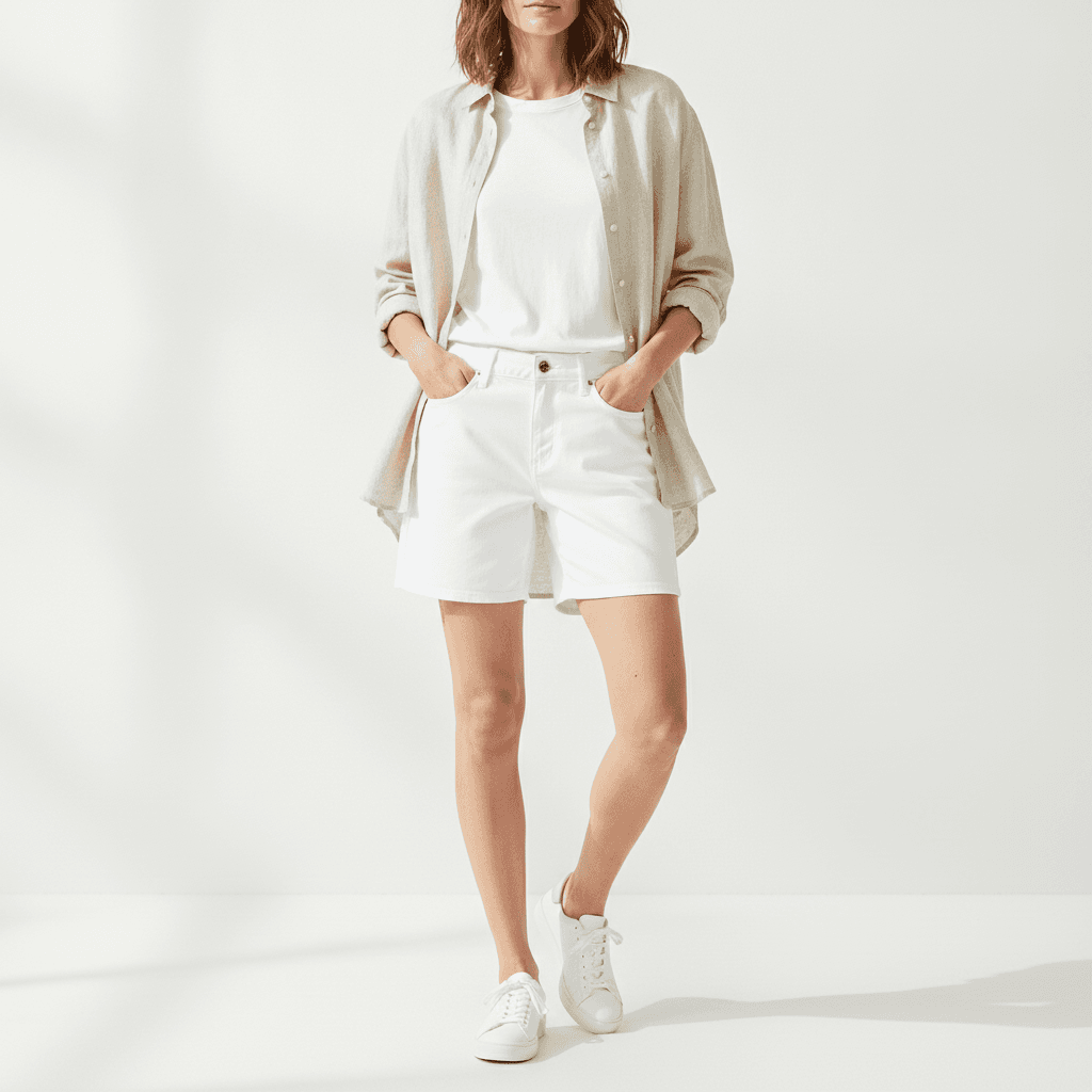 Woman wearing white denim shorts with an oversized natural linen shirt worn open as a layer over a white tee, with clean white sneakers