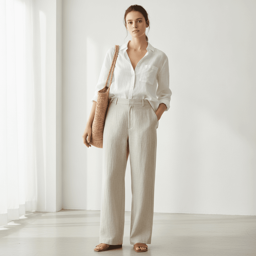 Woman wearing a white linen shirt loosely tucked into wide-leg ecru linen trousers with tan slides