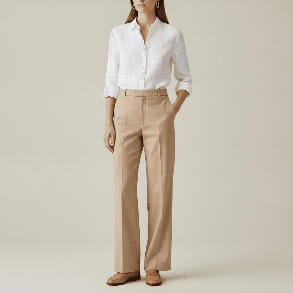 Woman wearing a white linen shirt neatly tucked into wide-leg stone trousers with loafers