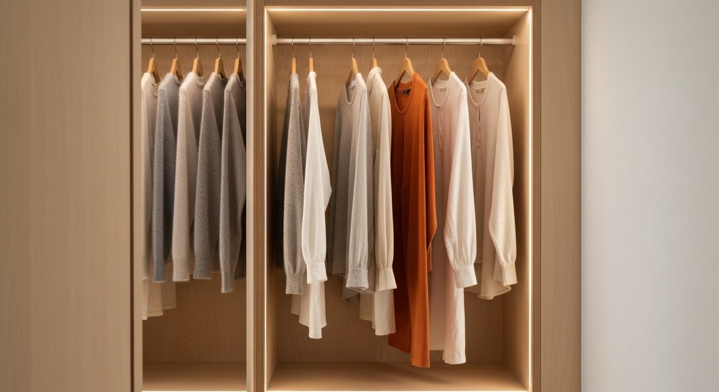 A small, beautifully curated open wardrobe with only around fifteen pieces in a coordinating neutral palette — calm, deliberate, nothing excess