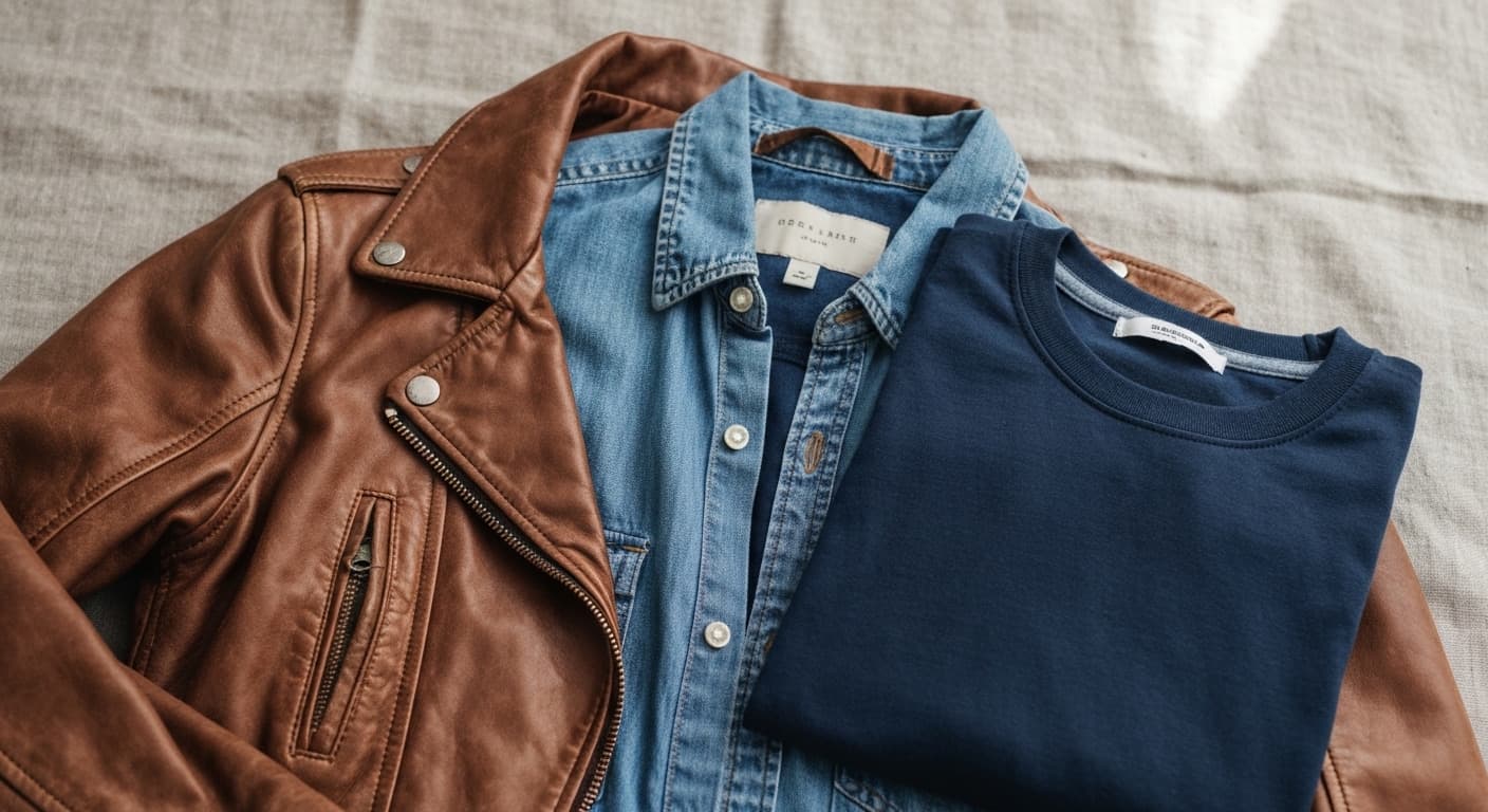 A flat-lay of a classic reliable outfit combination — dark jeans, white shirt, blazer — the pieces that always work, arranged with quiet confidence