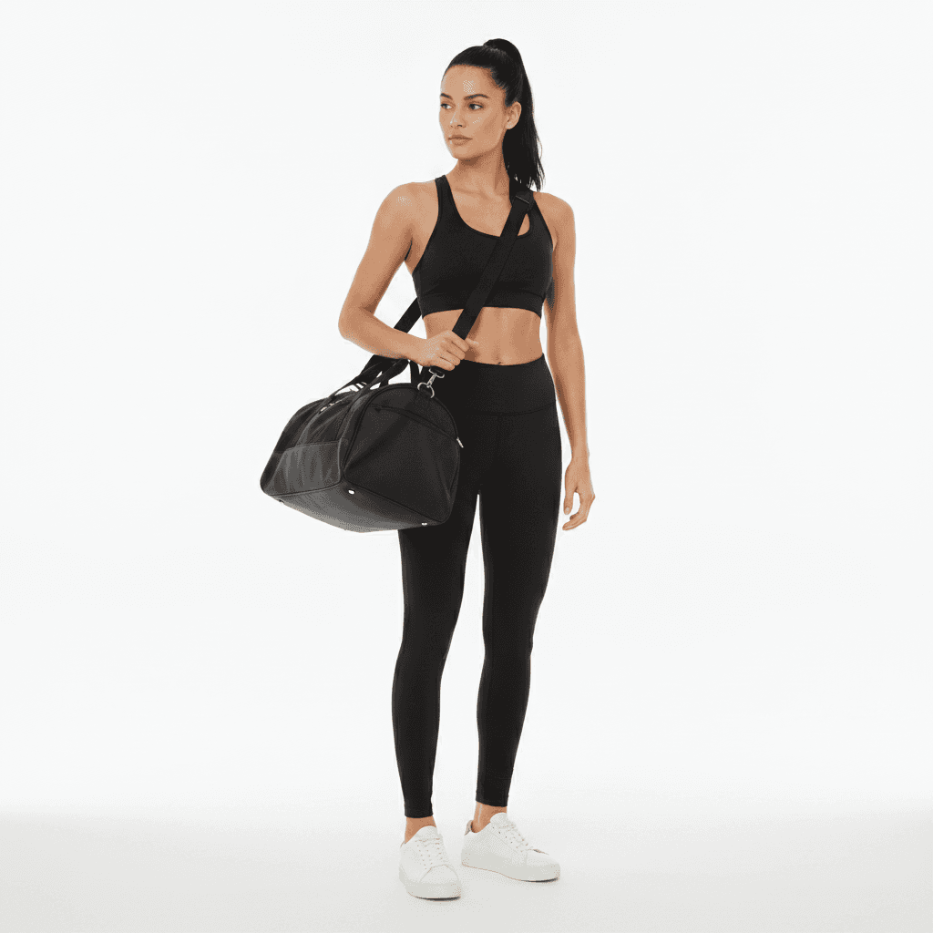 A confident woman wearing a black matching sports set — crop top and high-waist leggings — styled with white sneakers
