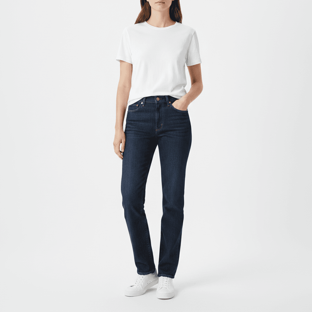 A woman wearing dark wash straight-leg jeans with a white tucked-in t-shirt and white sneakers, standing in soft natural light