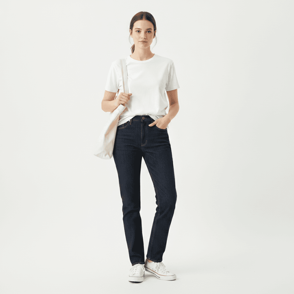 Woman wearing dark wash straight-leg jeans with a white t-shirt tucked in, white canvas sneakers, and a canvas tote bag