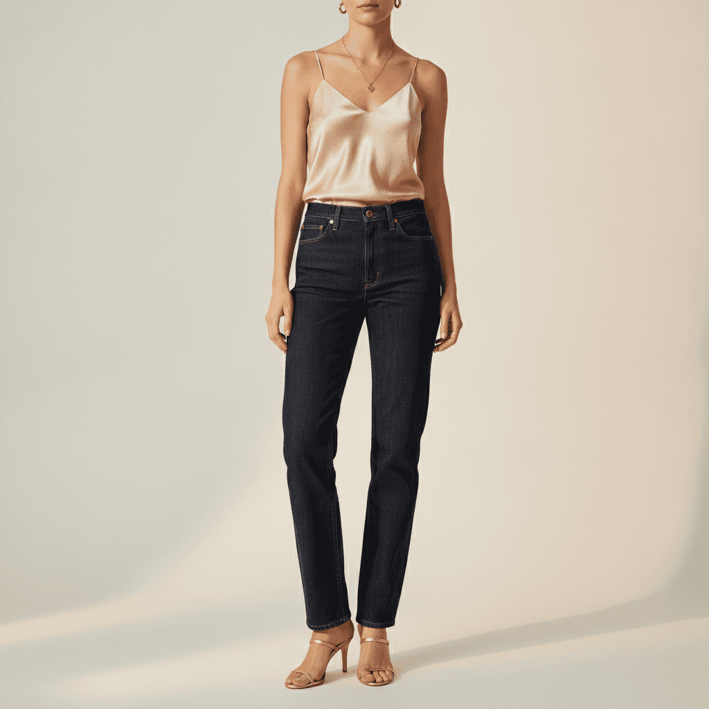 Woman wearing dark wash straight-leg jeans with a champagne silk camisole tucked in, strappy gold heeled sandals, and delicate gold jewelry