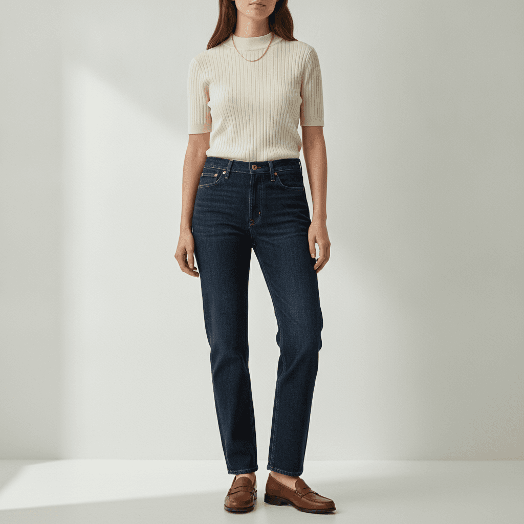 Woman wearing dark wash straight-leg jeans with a fine ribbed cream knit top tucked in, brown leather loafers, and a thin gold necklace