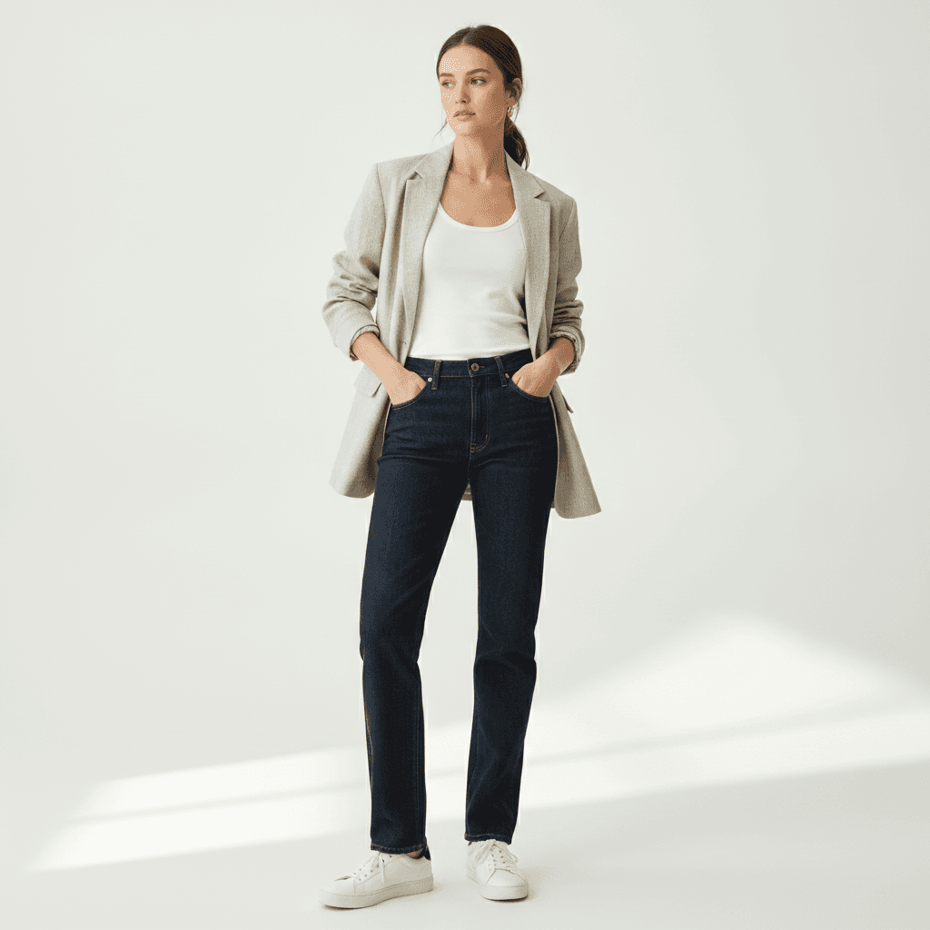 Woman wearing dark wash straight-leg jeans under an open oversized blazer with a white tank top visible underneath, and white sneakers