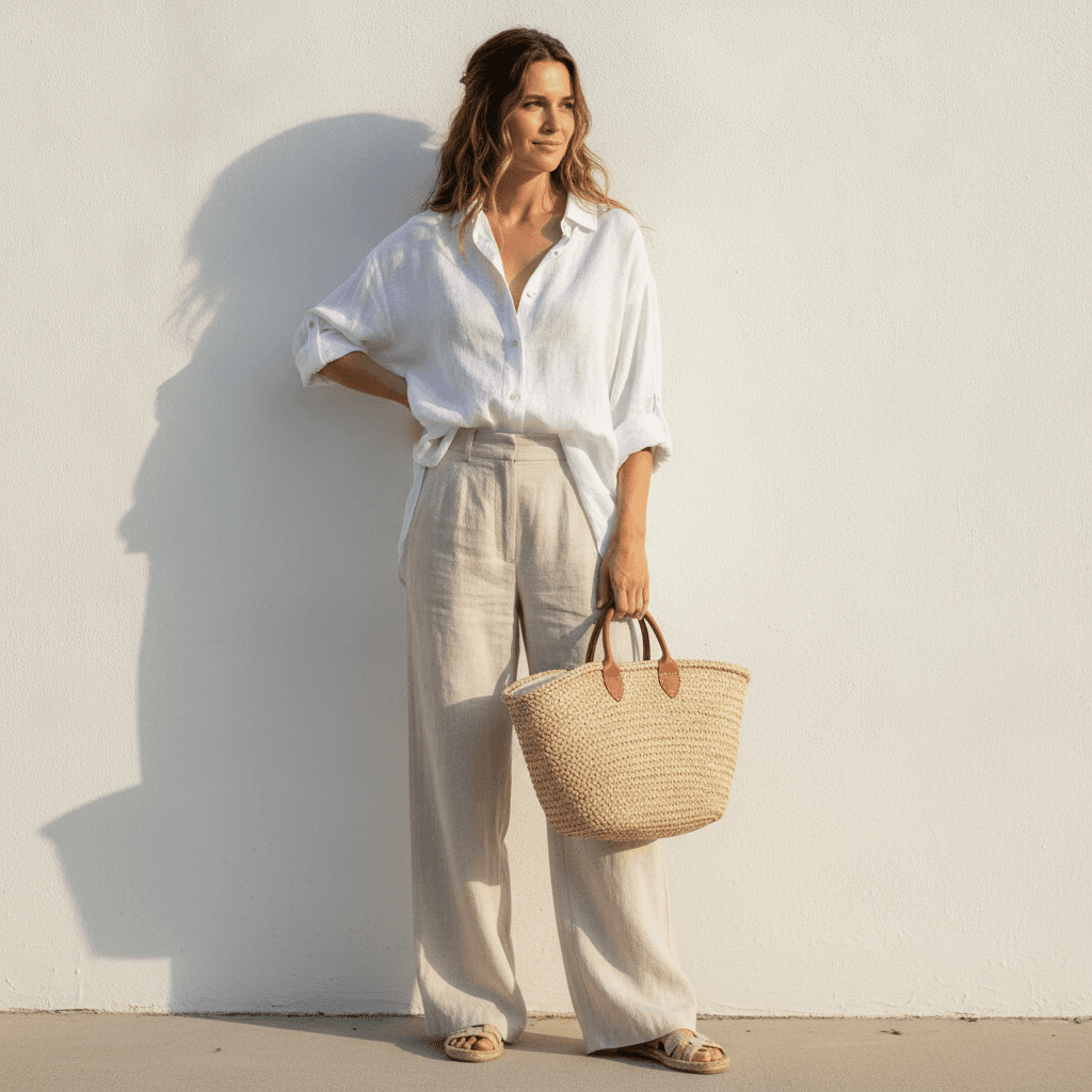 A woman wearing a crisp white linen button-down shirt tucked into wide-leg ecru trousers, standing in soft afternoon light with a straw tote