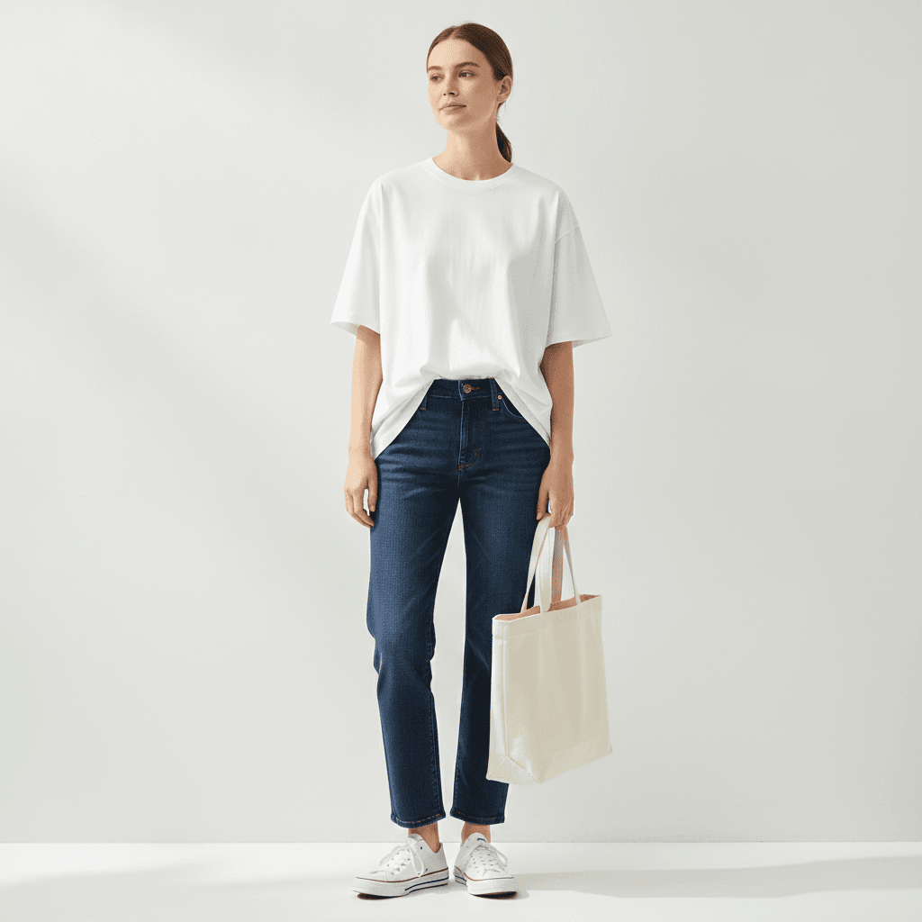 A woman wearing a white oversized t-shirt front-tucked into dark jeans with white sneakers and a canvas tote