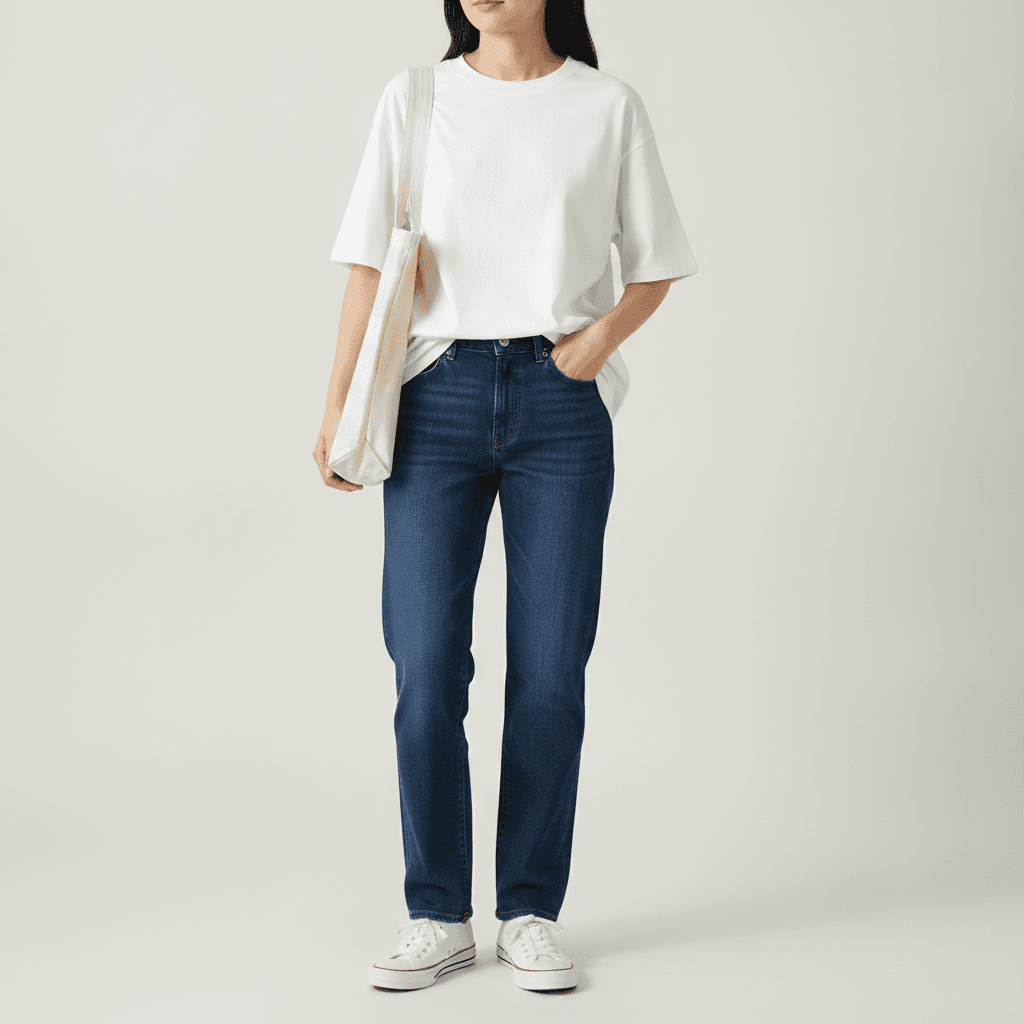 Woman wearing a white oversized t-shirt front-tucked into dark straight-leg jeans with white sneakers and a canvas tote