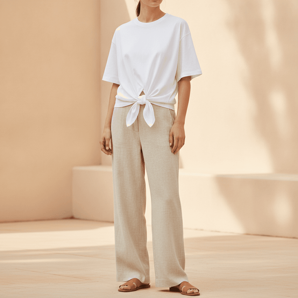 Woman wearing a white oversized t-shirt knotted at the front waist with wide-leg natural linen trousers and flat leather slides