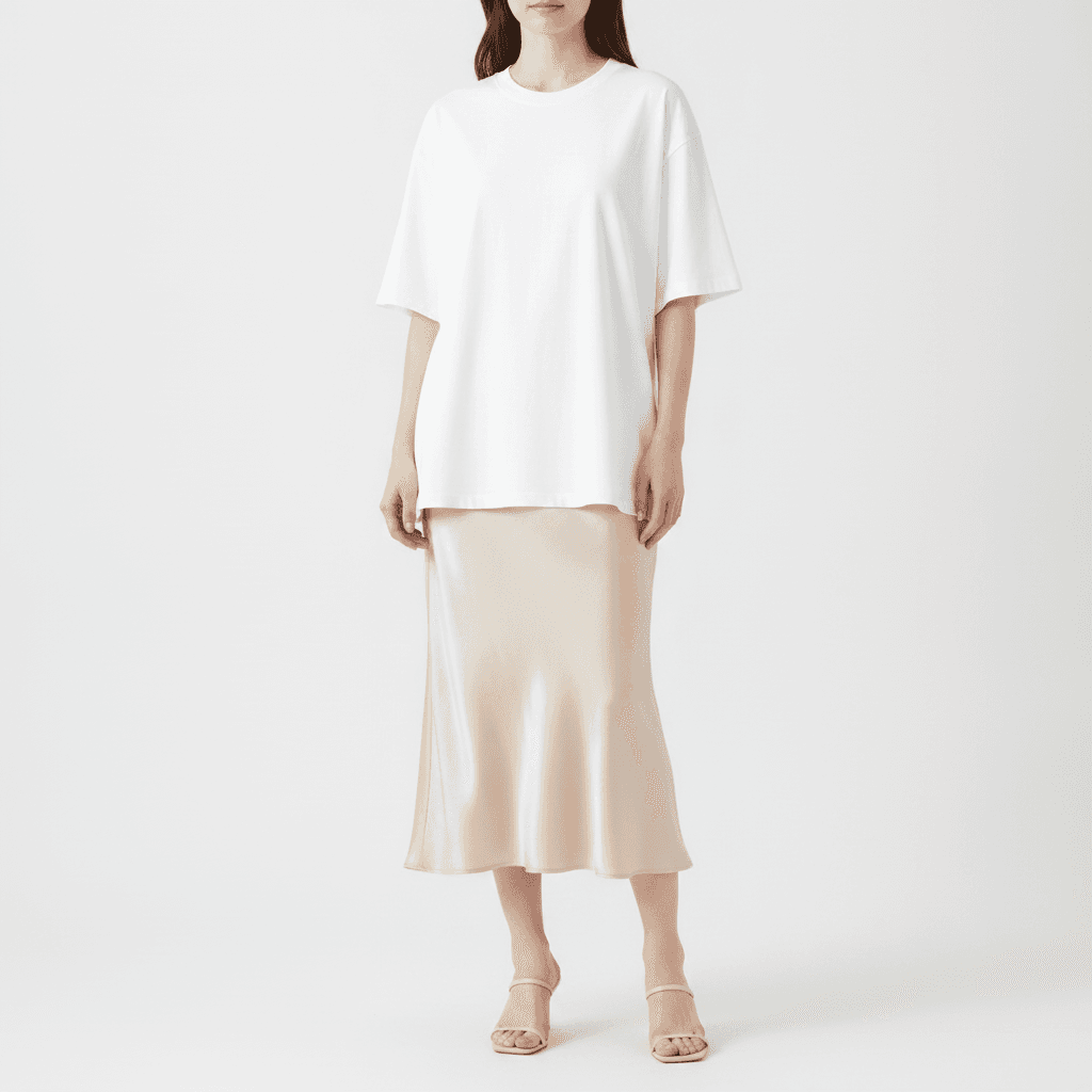 Woman wearing a white oversized t-shirt layered over a champagne satin midi slip skirt, the skirt visible below the tee hem, with strappy heeled sandals