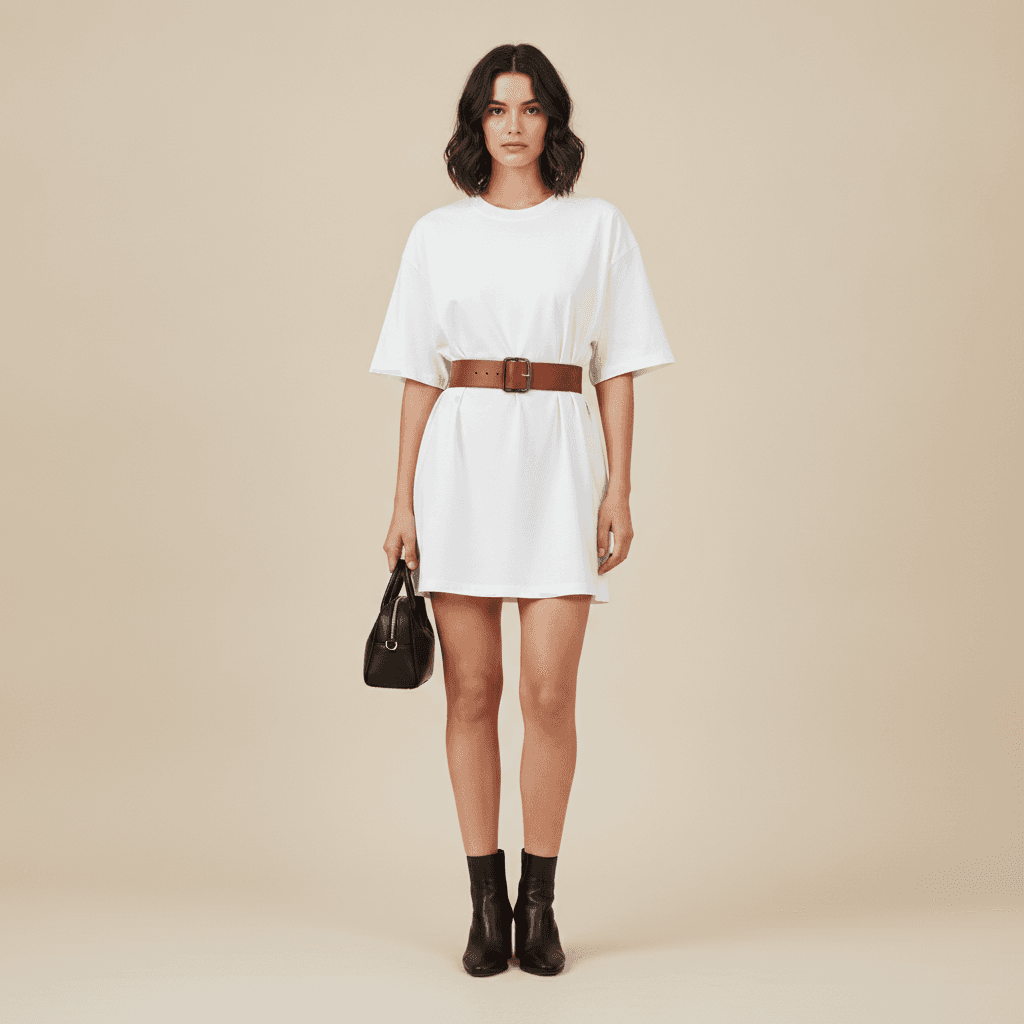 Woman wearing a white oversized t-shirt belted at the waist as a mini dress with ankle boots and a small structured crossbody bag