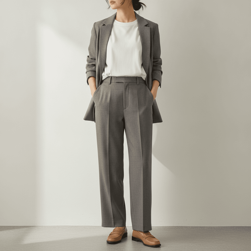 Woman wearing a white oversized t-shirt fully tucked into tailored wide-leg trousers with an open blazer and tan leather loafers