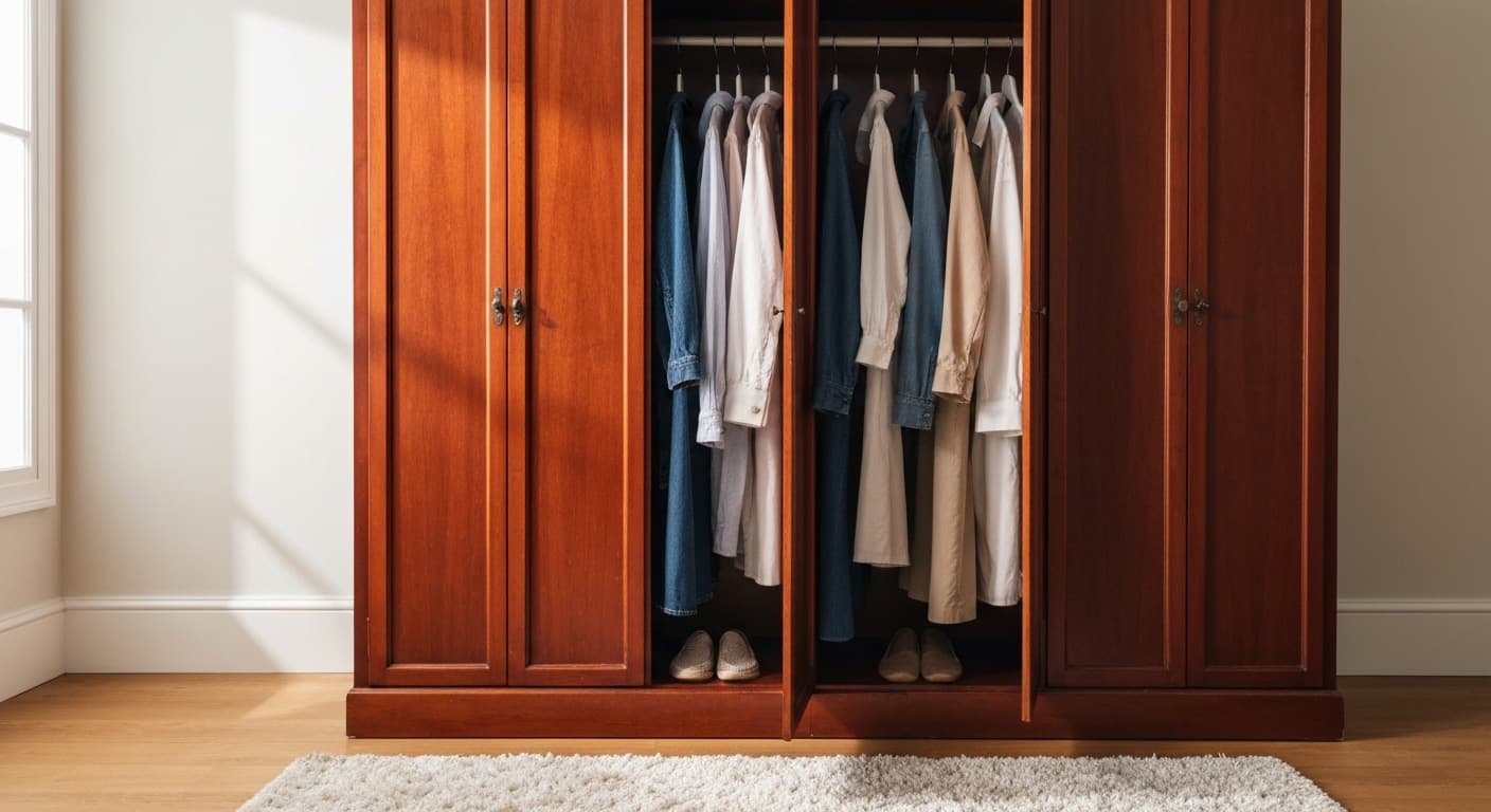 A wardrobe in transition — older clothes pushed to one side, a fresh small selection on the other — warm light, a moment of honest renewal