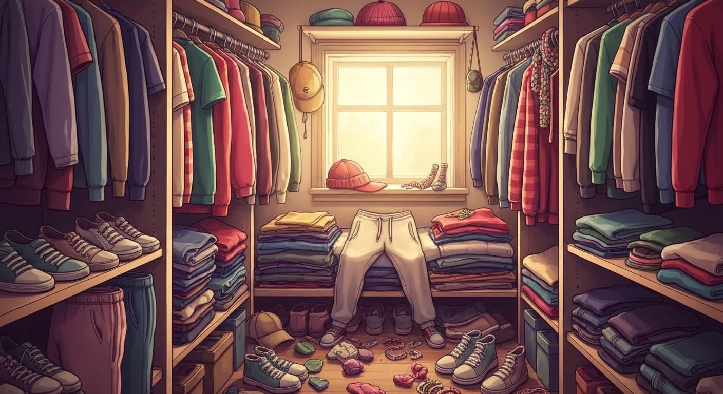 A closet packed with clothes — rails crammed with garments, items overflowing — the irony of abundance and the feeling of having nothing to wear