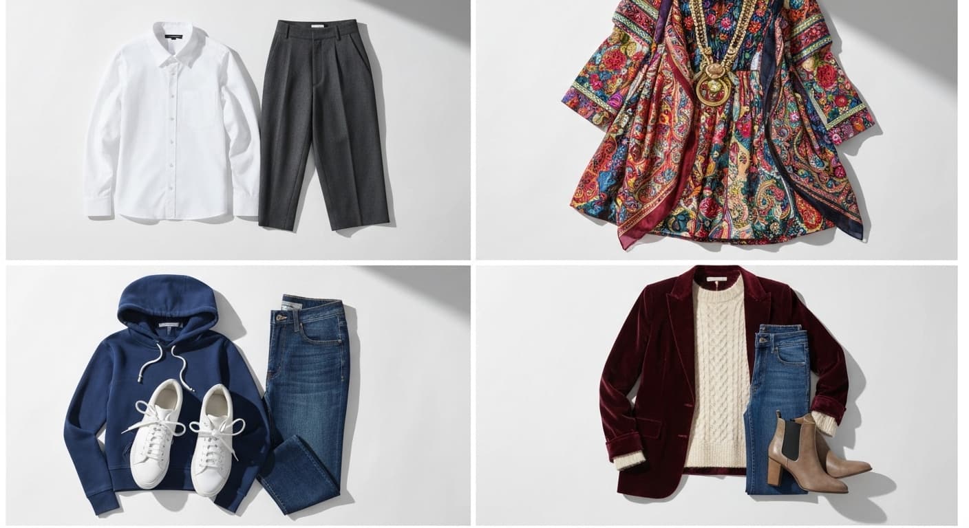 Four distinct clothing flat-lays arranged in a grid, each representing a different personal style archetype — minimal refined, expressive colorful, functional practical, transitional mixed