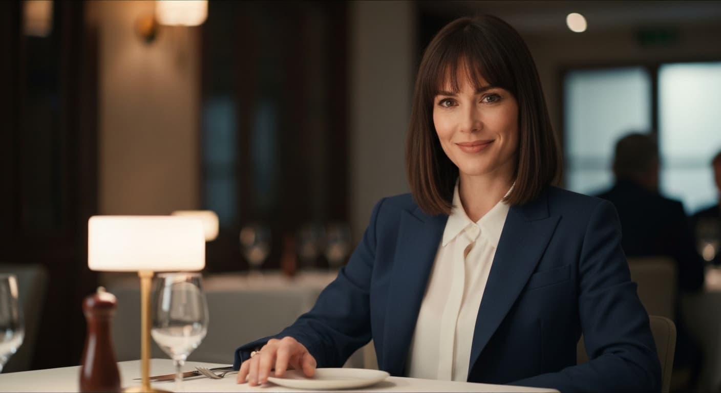 A sophisticated woman in her late 30s or early 40s, dressed with quiet self-possession — her outfit feels genuinely hers, not trend-driven