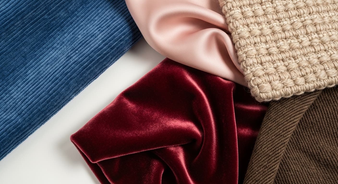 Close-up of different fabric textures arranged side by side — deep green velvet, ivory silk, cream boucle, indigo denim, camel cashmere — each surface distinct and tactile