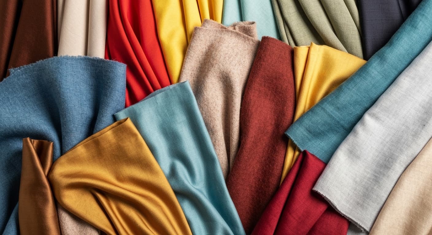 Flat-lay of warm and cool fabric swatches arranged side by side — rust, camel and terracotta on one side, slate, navy and lavender on the other