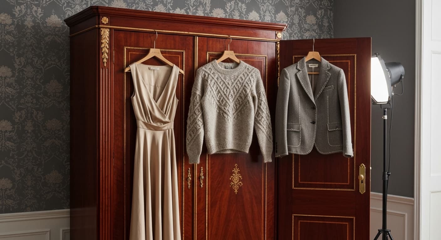 Beautiful special clothing pieces hanging untouched on a wardrobe rail — some still with tags — kept for a day that never quite comes