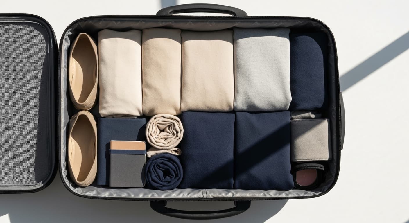 An open suitcase beautifully packed with a small coordinated travel wardrobe — six to eight pieces in a harmonious neutral palette, intentional and uncluttered
