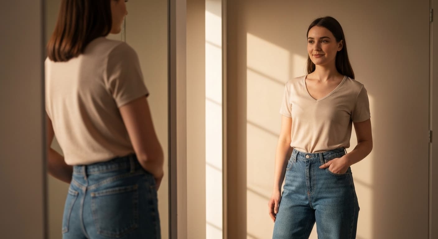 A woman standing in front of a mirror, dressed and looking confident — the feeling of knowing you got it right
