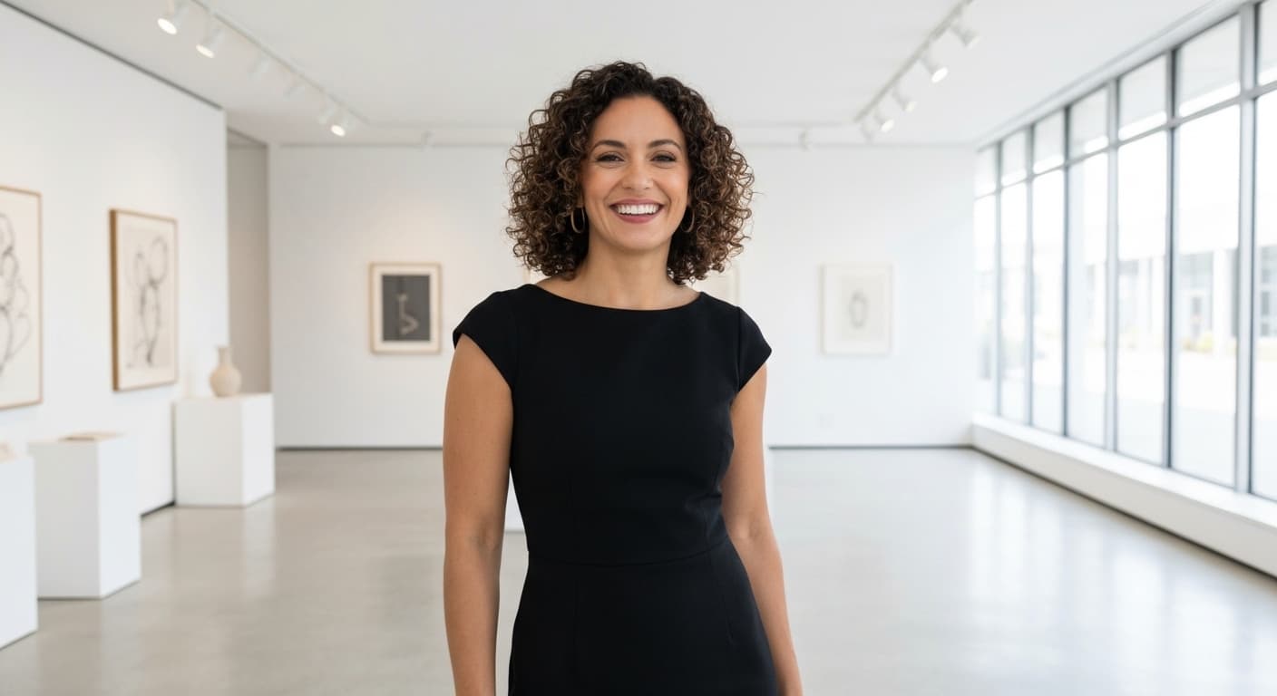 A confident woman standing in a polished interview outfit — tailored blazer, clean trousers — composed and ready, not stiff or overdressed