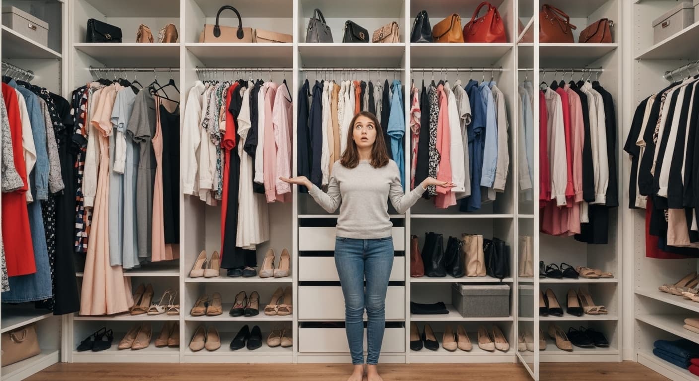 A young woman standing in front of a full open closet, looking overwhelmed and uncertain about what to wear
